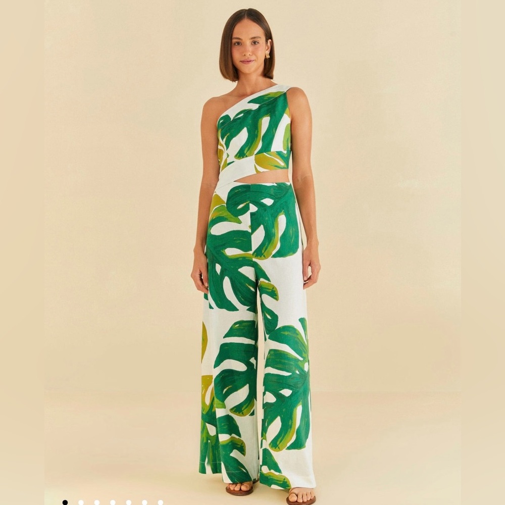 FARM Rio One-Shoulder Tropical Leaf Jumpsuit in Green and Cream - Picture 2 of 8